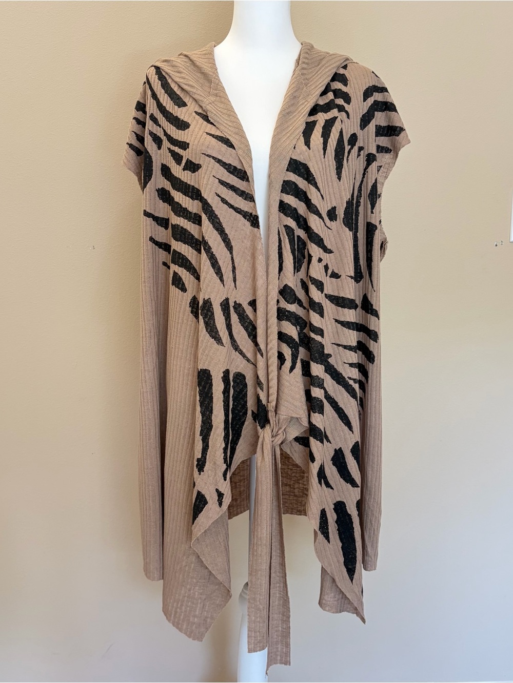 Plazmalab Zebra Print Hooded Drape Cardigan Tie Front Boho Lagenlook L EUC